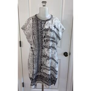 Johnny Was Biya Tunic Black White Silk Embroidered‎ Boho Top Dress Size M Lined